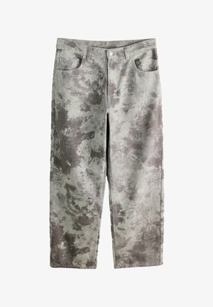 Voľné nohavice sivohnedým tie-dye vzorom, s predným gombíkom a zipsom, pútkami na opasok a dvoma prednými vreckami.