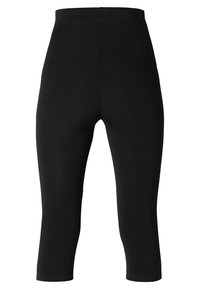 Svarta leggings med hög midja, tillverkade av slät, elastisk tyg. De har en kroppsformande design och är korta i längden, vid vadbenet.