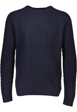 Maglione blu navy a maglia cable-knit con scollatura a girocollo, polsini e orlo a costine. Presenta un motivo testurizzato con cavi in rilievo su tutta la superficie.