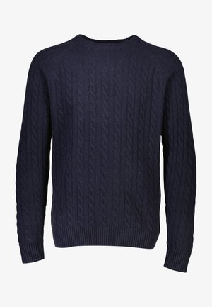 Marinblå kabelstickad tröja med rundad halsringning, ribbade ärmslut och nederkant. Har ett strukturerat mönster med upphöjda kablar genom hela.