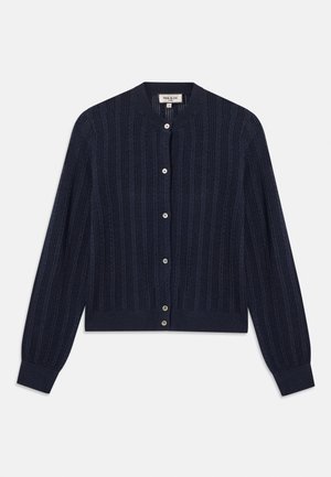 Navy blue cardigan with ribbed texture, round neckline, and six button closures. Long sleeves with fitted cuffs, soft knitted material.