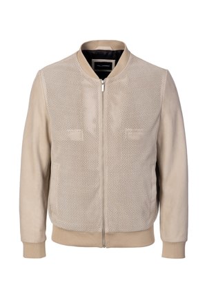 Beige Bomberjacke mit perforierten Frontpaneelen, einfarbigen Ärmeln, geripptem Kragen, Bündchen und Saum sowie einem Reißverschluss vorne.