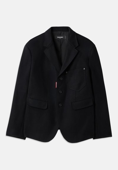 Black tailored blazer with notched lapels, three buttons, a chest pocket with metal detail, and two flap pockets on the front.