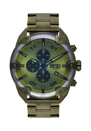 Metall Diesel Chronograph-Armbanduhr mit grünem Zifferblatt, drei Unterzifferblättern, Datumsfenster und Metallgliedarmband, eingestellt auf 10:09:10.