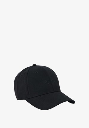 Schwarze Baseballkappe aus strukturiertem Material, mit einem gebogenen Schirm und einem geprägten Logo auf der Vorderseite für einen eleganten, modernen Look.