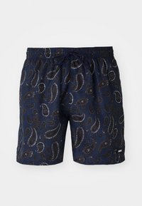 Tengerészkék úszósapka fekete és szürke paisley mintával. Rugalmas derékrésszel és húzózsinórral rendelkezik, valamint egy kis logócimkével.