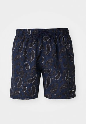 Shorts de bain bleu marine avec un motif paisley en noir et gris. Inclut une taille élastique avec un cordon de serrage et une petite étiquette de logo.