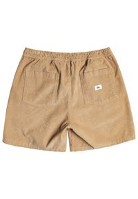 Khaki corduroy shorts met een elastische tailleband, twee achterzakken en een klein logopatch op de rechterschouder. Gestructureerd oppervlak.