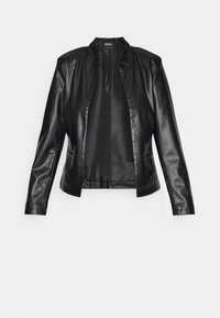 Veste en cuir noir avec des manches longues, devant ouvert et une texture lisse. Dotée d'un col classique et de deux poches avant.