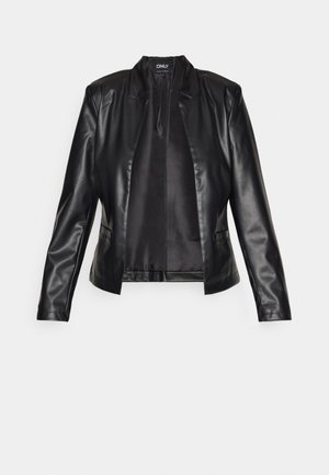 Μαύρο δερμάτινο μπουφάν με μακριά μανίκια, ανοιχτό μπροστινό μέρος και λεία υφή. Διαθέτει κλασικό γιακά και δύο μπροστινές τσέπες.