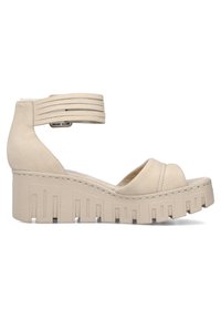 Beige wedge sandals with a thick platform, soft suede material, ankle strap with horizontal bands, and a textured sole pattern.