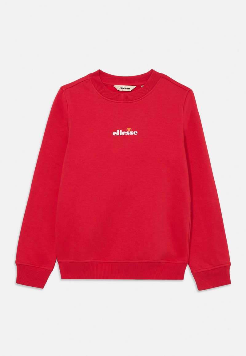 Felpa rossa a maniche lunghe con polsini e orlo a coste, con un piccolo logo bicolore ellesse bianco e arancione centrato sul petto.