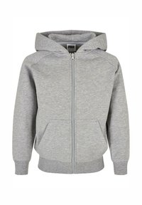 Felpa grigia con zip e cappuccio, dotata di zip frontale, due tasche e polsini a costine, realizzata in un morbido tessuto testurizzato.
