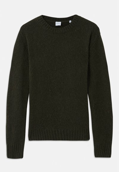 Pull en maille de couleur vert foncé avec un col rond, des poignets et un ourlet côtelés. Texture douce, manches longues et design simple sans motifs.