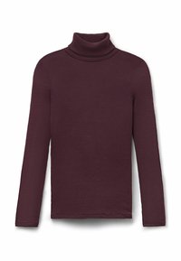 Langärmliges Rollkragenoberteil in tiefem Burgunderrot, gerippte Textur, figurbetontes Design mit einem weichen, dehnbaren Stoff, ideal zum Schichten.