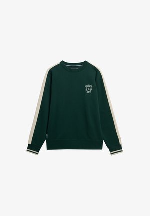 Mørkegrøn sweatshirt med beige skulderstriber, ribbede manchetter og kant, med et lille logo på brystet og en blød tekstur.