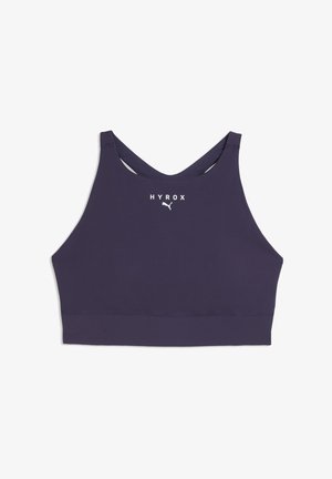 Reggiseno sportivo di colore viola scuro con collo alto e i loghi bianchi "HYROX" e Puma centrati sulla parte anteriore.