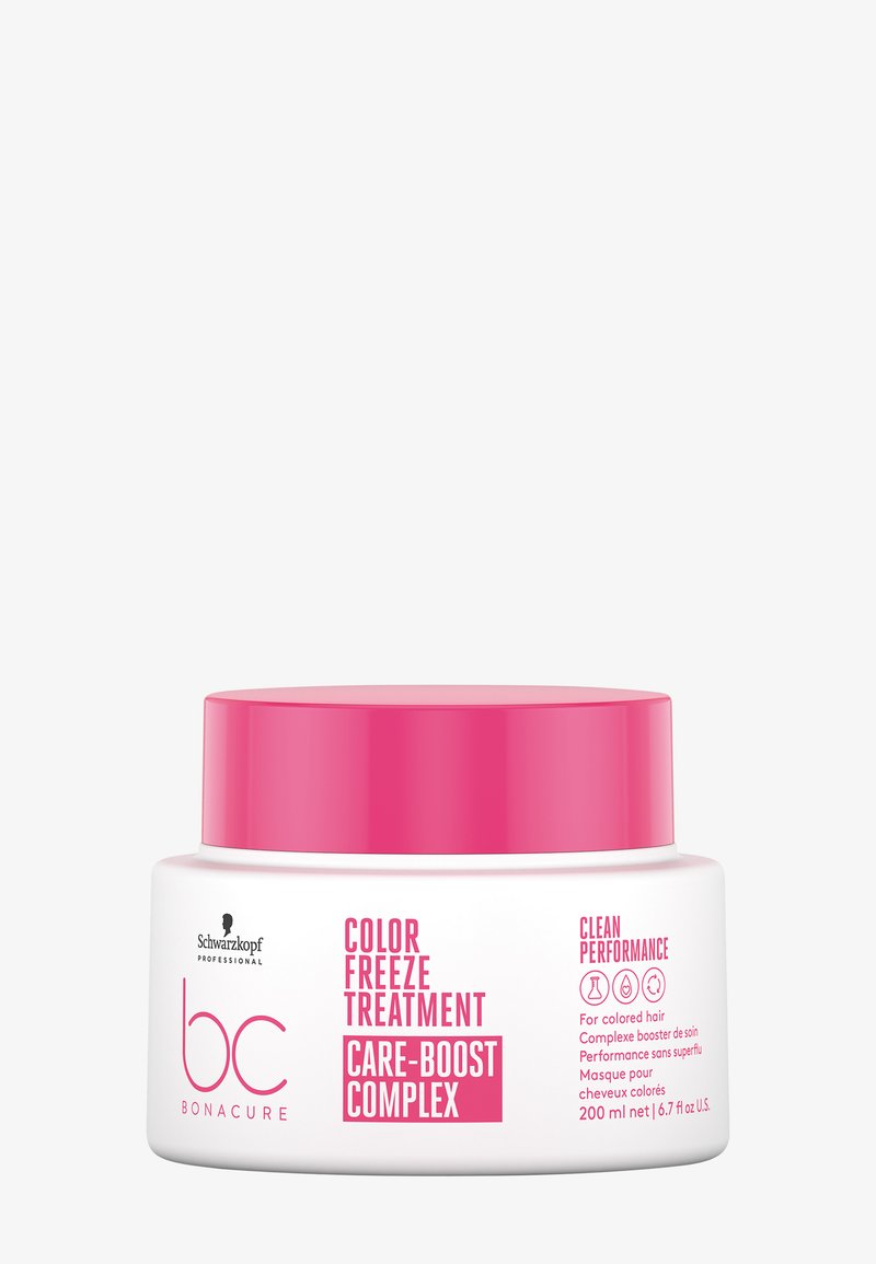 Barattolo rotondo bianco con coperchio rosa. L'etichetta indica "Trattamento Color Freeze" e "Care-Boost Complex", con grafica e dettagli in rosa e nero.