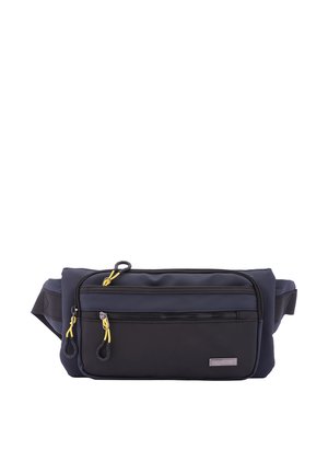 Marsupio in navy e nero, realizzato in un tessuto morbido, con due zip frontali dotate di tiranti gialli e una tracolla regolabile per una vestibilità sicura.
