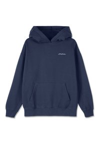 Navyblauwe katoenen hoodie met een voorzak, ribgebreide manchetten en onderrand, en een klein wit logo op de borst. Zachte textuur en ontspannen pasvorm.