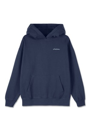Navy blue cotton hoodie with a front pouch pocket, ribbed cuffs and hem, and a small white logo on the chest. Soft texture and relaxed fit.