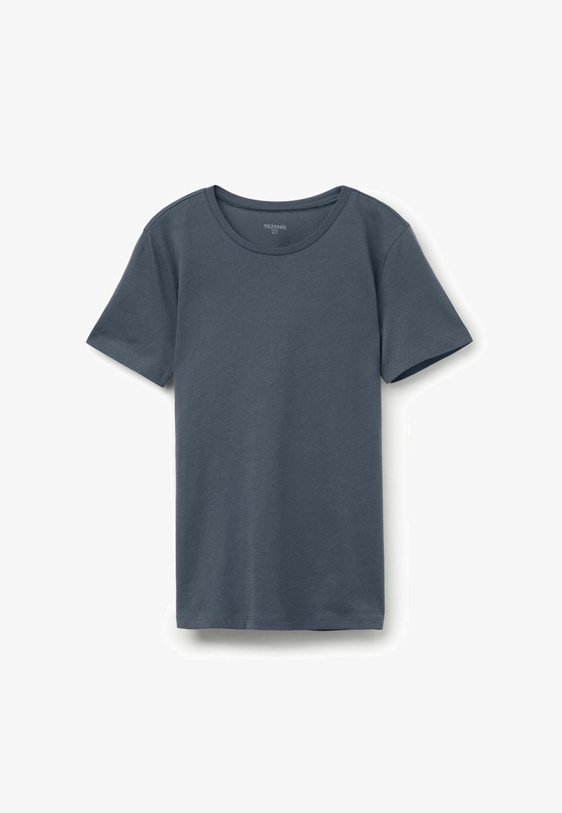 Czarnoszary bawełniany t-shirt z krótkimi rękawami, okrągłym dekoltem i prostym fasonem. Miękka tekstura, proste wykończenie i brak widocznych wzorów lub akcentów.