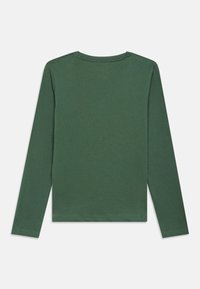 Camisola verde de mangas longas com gola redonda, apresentando uma textura suave e uma bainha reta. As costas são simples, sem detalhes adicionais.