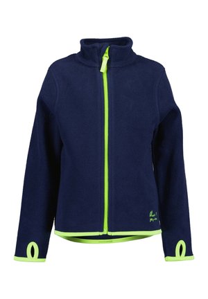 Veste polaire bleu marine avec fermeture éclair vert néon, bordure, trous pour les pouces sur les manches, et petit logo près de l'ourlet inférieur sur le côté gauche.