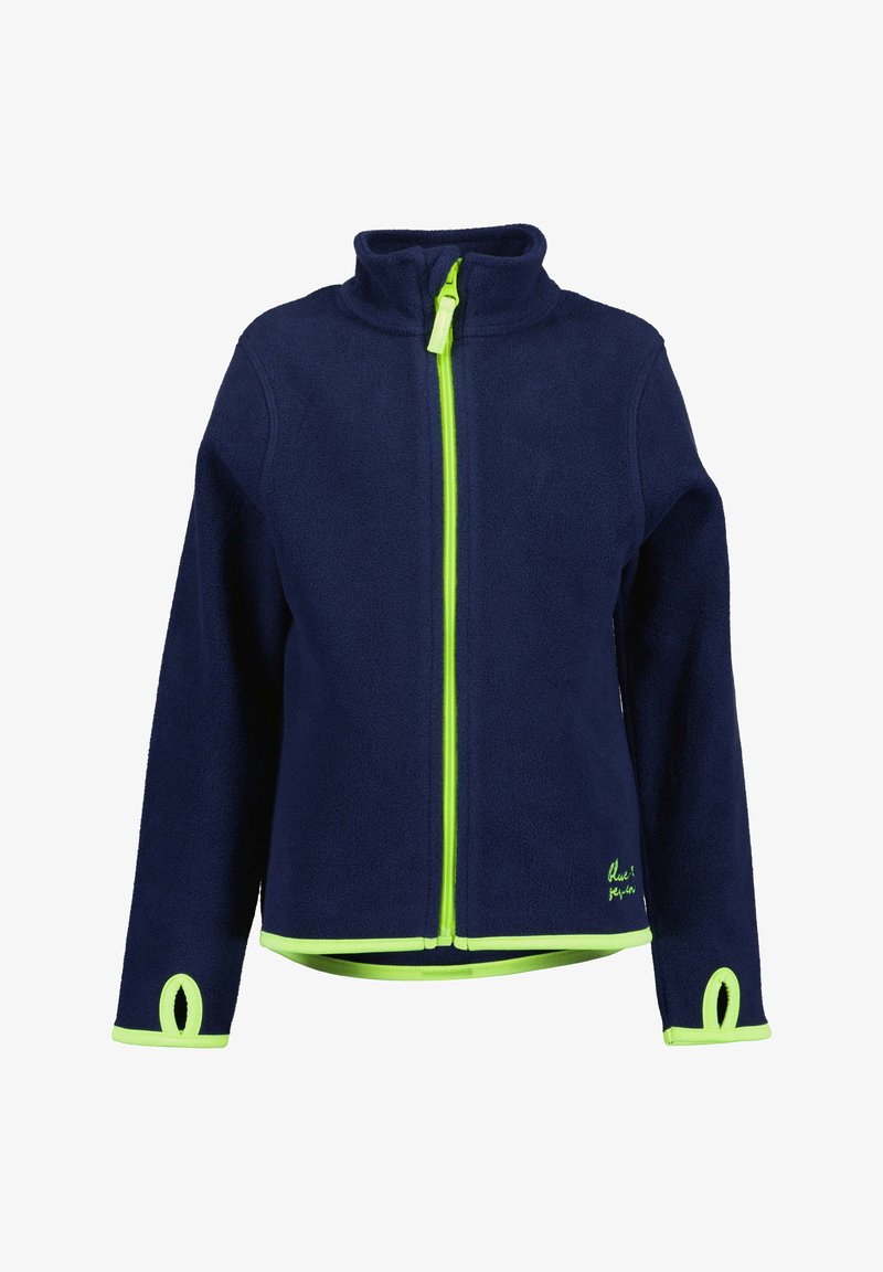 Veste polaire bleu marine avec fermeture éclair vert néon, bordure, trous pour les pouces sur les manches, et petit logo près de l'ourlet inférieur sur le côté gauche.