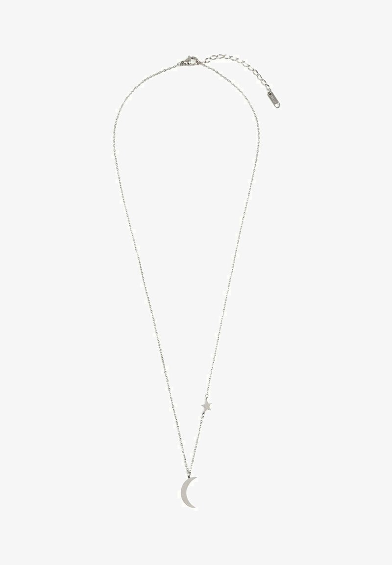 Collier en argent avec pendentif en forme de croissant de lune et d'étoile, avec une chaîne délicate et un fermoir ajustable. Fini lisse et design léger.