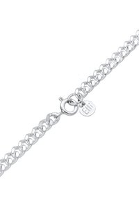 Bracciale in argento con anelli circolari, dotato di chiusura a moschettone e di un piccolo cartellino inciso con "Elli". Superficie liscia e lucida.