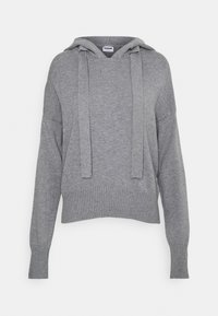 Grå hoodie med dragsko, ribbad fåll och vida ärmar. Tillverkad av mjukt material med en subtil textur.