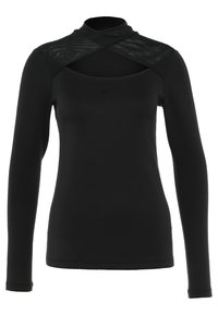 Maglietta atletica nera a maniche lunghe con un collo alto, texture a coste e design incrociato sul davanti. Presenta un logo discreto sul davanti.