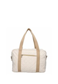 Sac beige matelassé avec des poignées marron, de forme rectangulaire, poche zippée à l'avant et tissu texturé. Convient pour les voyages ou une utilisation quotidienne.