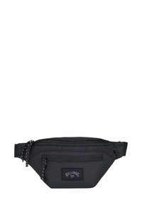Bolso de cintura negro fabricado con tejido resistente y acabado texturizado, que cuenta con dos bolsillos con cremallera y una correa ajustable. Logo de Billabong exhibido de manera prominente.
