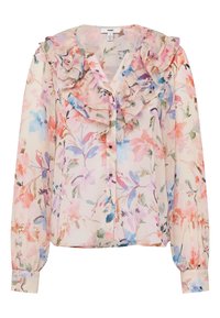 Blouse à manches longues, boutonnée, avec imprimé floral pastel et détail de col volanté sur un tissu léger et transparent.