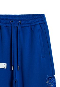 Pantalones deportivos azules con cintura elástica, cordón, bolsillos frontales y diseño de dragón bordado en tonos de azul y dorado.