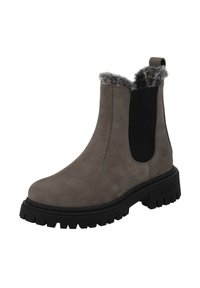 Graue Wildleder-Stiefeletten mit Kunstfellfutter, elastischen Seiteneinsätzen und einer klobigen schwarzen Gummisohle. Hinten eine Zuglasche für einfaches An- und Ausziehen.