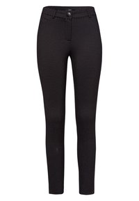 Pantalones a cuadros negros con un diseño ajustado, textura suave, cierre frontal con botón, presillas para cinturón y bolsillos laterales.