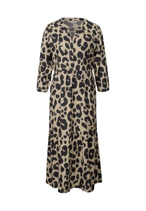 Leopard print dress in beige and black, featuring a V-neck, three-quarter sleeves, and a flared skirt with a gathered waist detail.