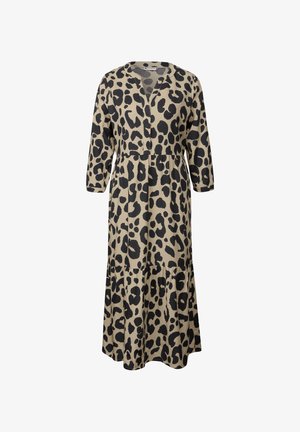 Abito con stampa leopardata in beige e nero, caratterizzato da scollo a V, maniche a tre quarti e una gonna svasata con dettaglio in vita arricciato.