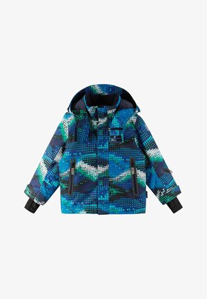 Bunte Winterjacke mit einem geometrischen Punktmuster in Blau, Grün und Weiß. Mit Kapuze und Reißverschlusstaschen.