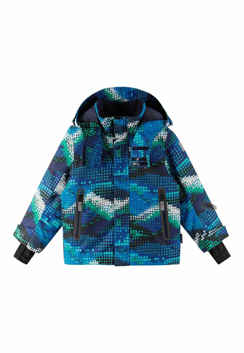 Bunte Winterjacke mit einem geometrischen Punktmuster in Blau, Grün und Weiß. Mit Kapuze und Reißverschlusstaschen.