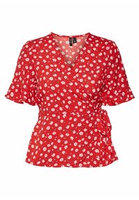 Top avvolgente rosso con maniche corte a volant, caratterizzato da un motivo floreale bianco. Progettato con un dettaglio a fiocco in vita e una scollatura a V.