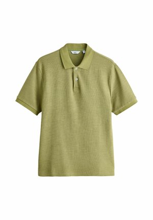 Light olive green short-sleeve polo shirt with two buttons and a standard collar, displayed on a white background.