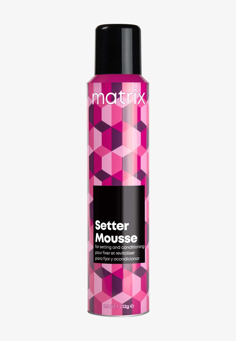 Hochzylindrische rosa und lila Haarschaumdose mit geometrischem Muster, beschriftet mit "Matrix Setter Mousse" zum Festigen und Pflegen.