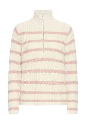 Cremefarbener Pullover mit rosa Streifen, der einen hohen Kragen und einen halben Reißverschluss hat. Hergestellt aus strukturiertem Strickstoff.