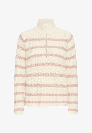 Pulover de culoare crem cu dungi roz, cu un guler înalt și fermoar pe jumătate. Fabricat dintr-un material tricotat texturat.