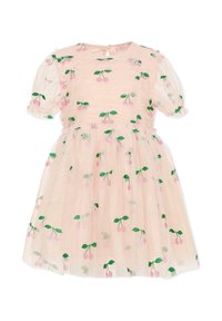 Lichtroze jurk met pofmouwen, voorzien van groene en roze kersenborduursels. Gemaakt van lichtgewicht tule met een geplooide rok en een sleutelgat aan de achterkant.