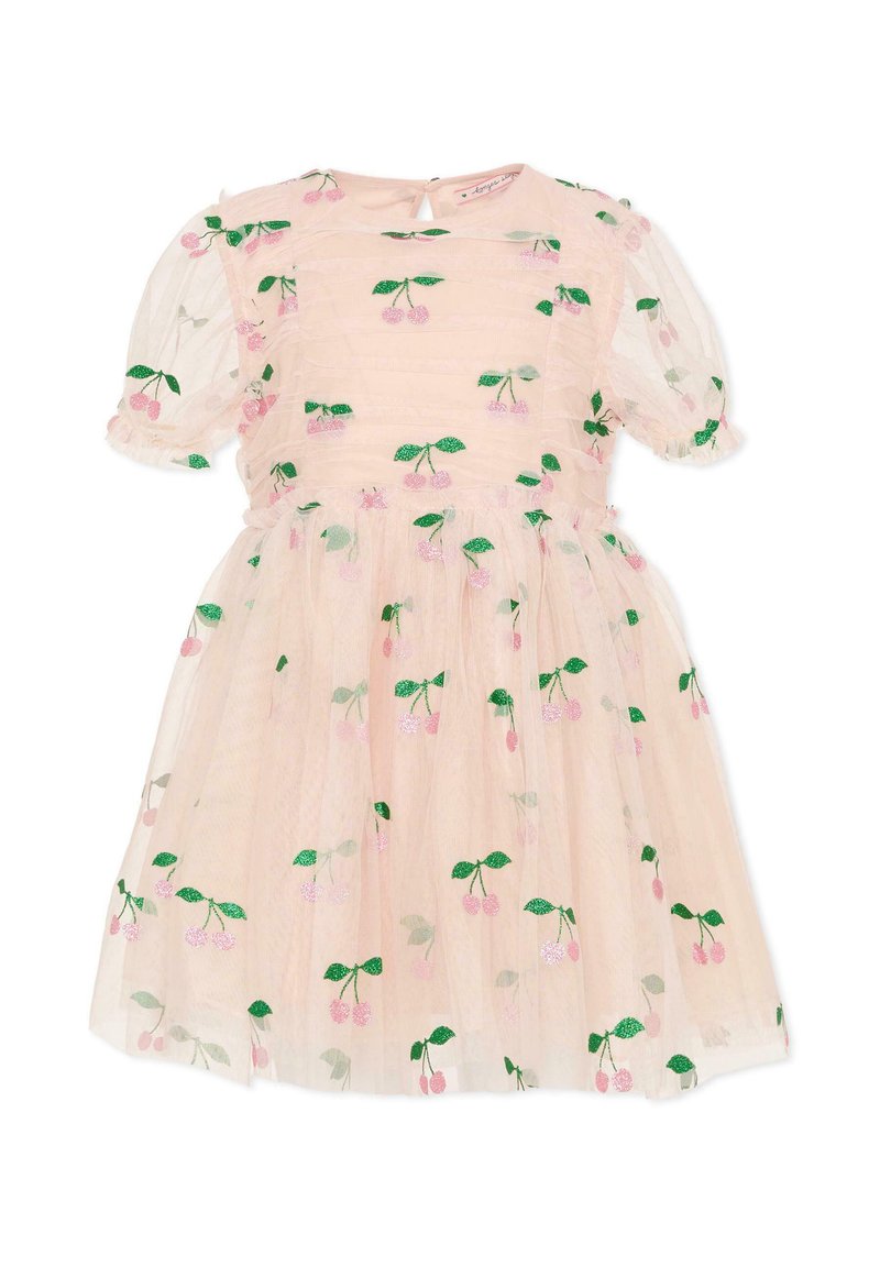 Lichtroze jurk met pofmouwen, voorzien van groene en roze kersenborduursels. Gemaakt van lichtgewicht tule met een geplooide rok en een sleutelgat aan de achterkant.